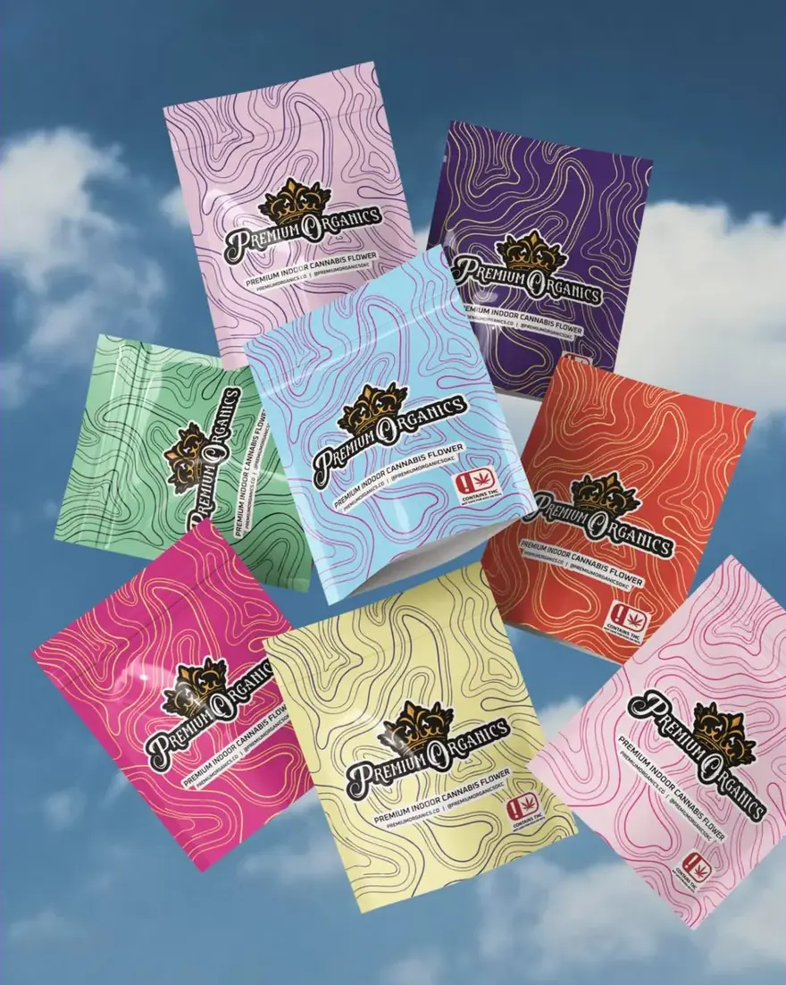 Premium Organics flower bags in pink, purple, blue, green, coral and yellow colorways