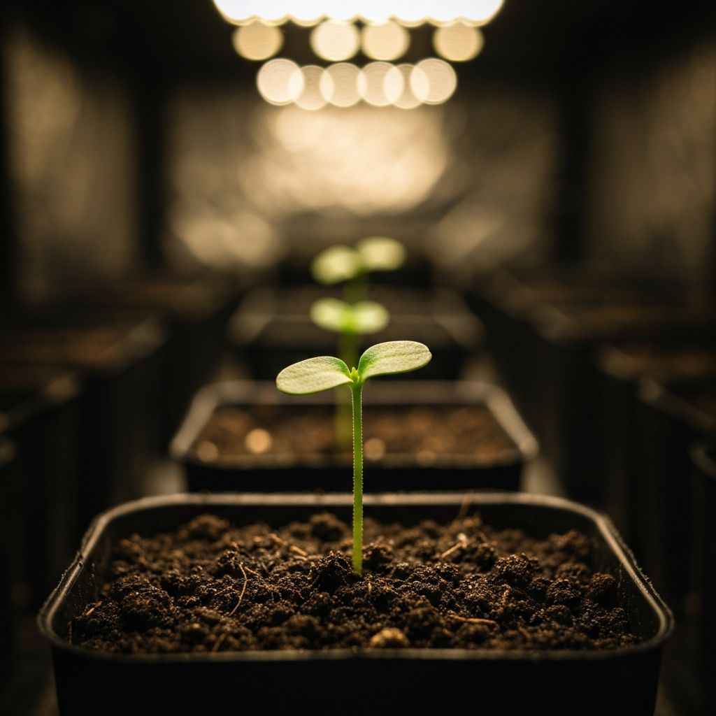 Cannabis seedling sprouting in professional grow facility