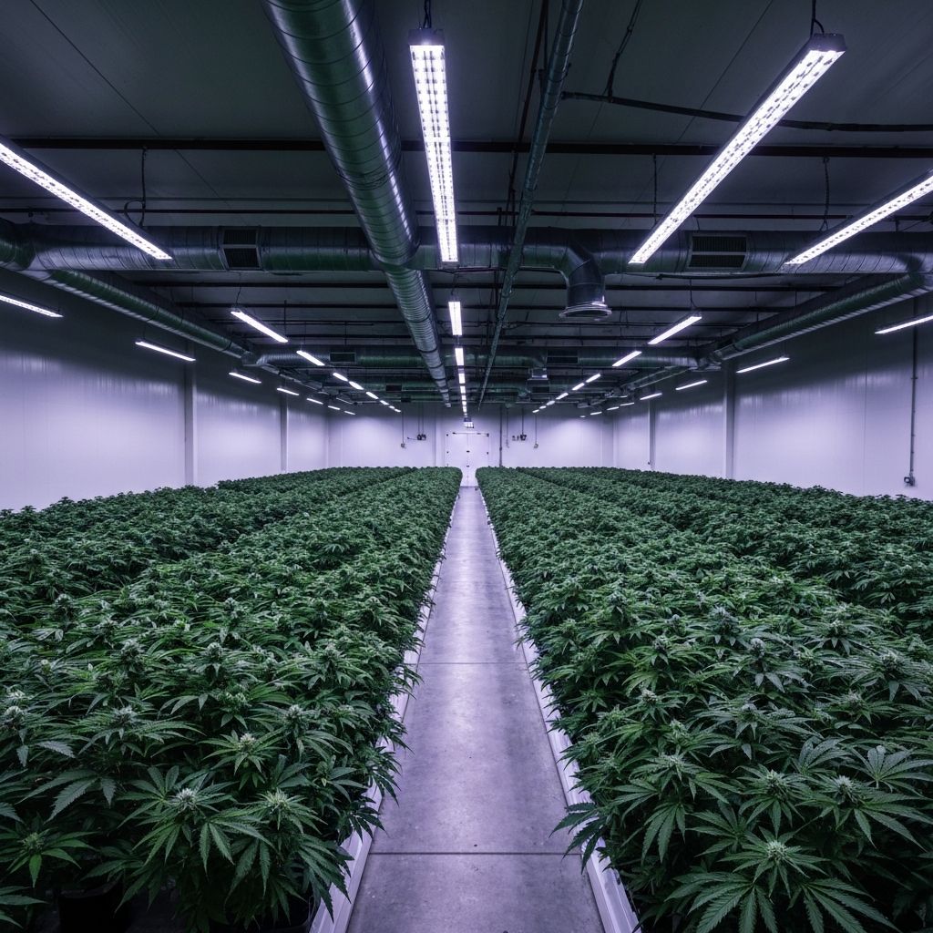 Indoor cannabis cultivation facility with LED grow lights